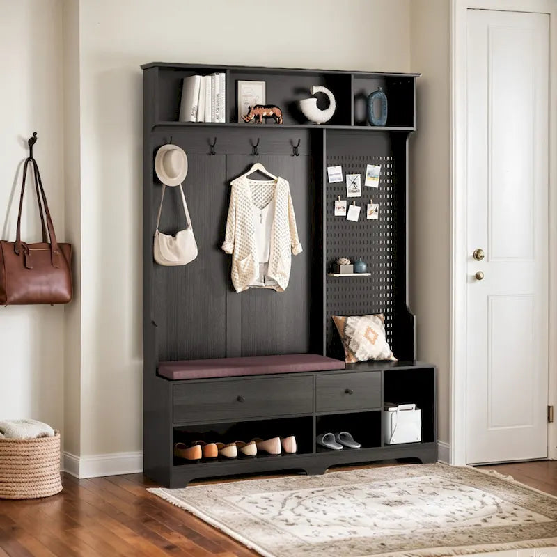 Hall Tree with Shoe Bench, Coat Rack, Shelves and Pegboard