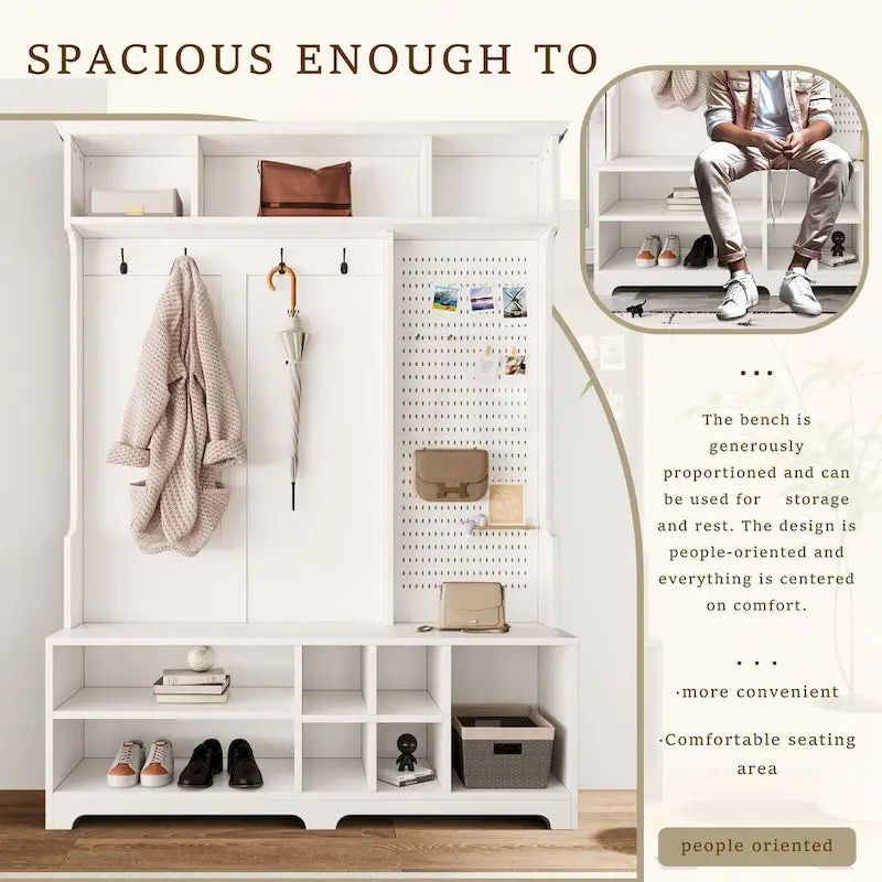 Hall Tree with Shoe Bench, Coat Rack, Shelves and Pegboard