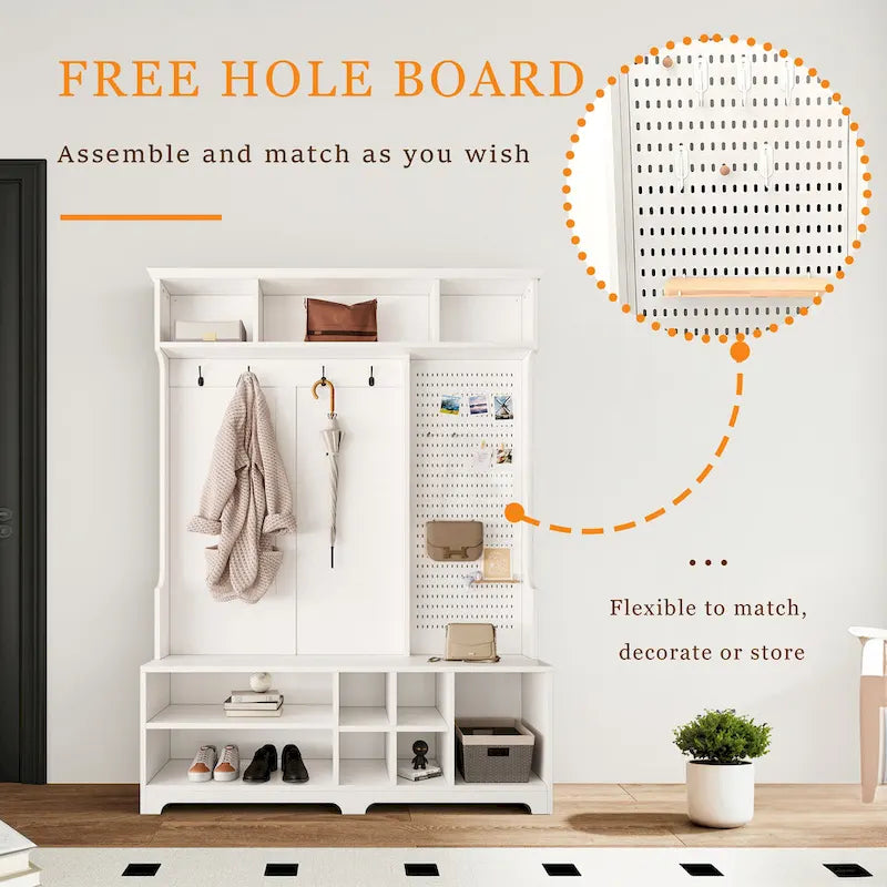 Hall Tree with Shoe Bench, Coat Rack, Shelves and Pegboard