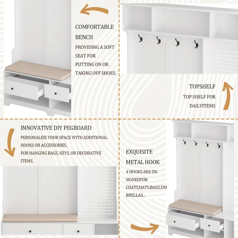 Hall Tree with Shoe Bench, Coat Rack, Shelves and Pegboard
