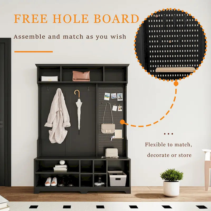Hall Tree with Shoe Bench, Coat Rack, Shelves and Pegboard