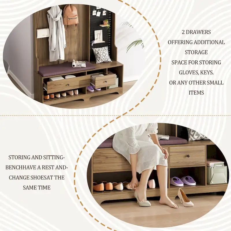 Hall Tree with Shoe Bench, Coat Rack, Shelves and Pegboard