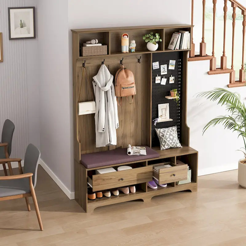 Hall Tree with Shoe Bench, Coat Rack, Shelves and Pegboard