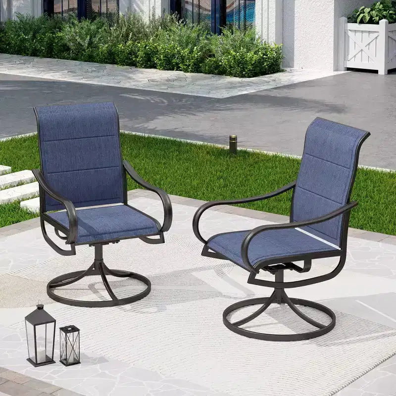 Captiva Designs 9pc Patio Slat-top Square Metal Dining Table and Padded Sling Swivel Chairs