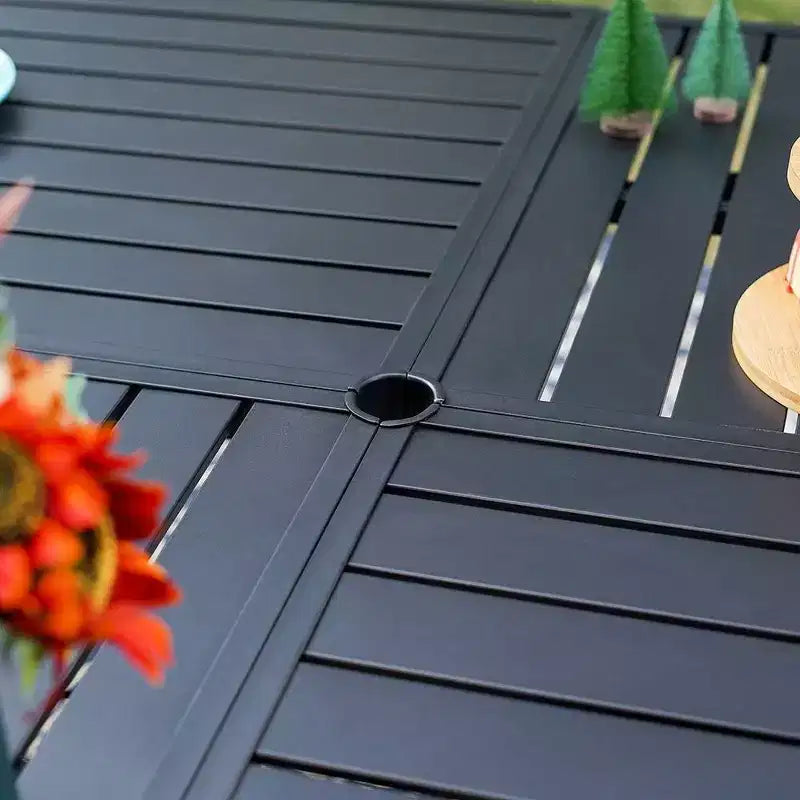 Captiva Designs 9pc Patio Slat-top Square Metal Dining Table and Padded Sling Swivel Chairs