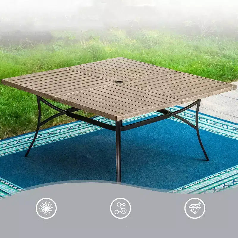 Captiva Designs 9pc Outdoor Slat-top Square Metal Dining Table and Thick Cushion Swivel Wicker Chairs