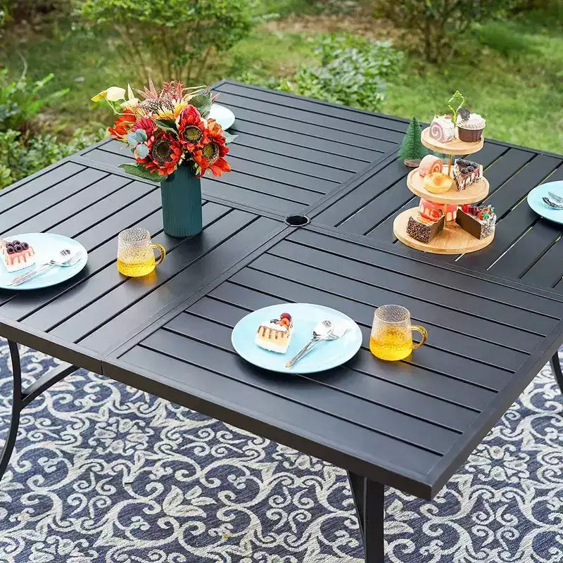 Captiva Designs 9pc Outdoor Slat-top Square Metal Dining Table and Thick Cushion Swivel Wicker Chairs