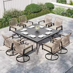 Captiva Designs 9pc Outdoor Slat-top Square Metal Dining Table and Thick Cushion Swivel Wicker Chairs