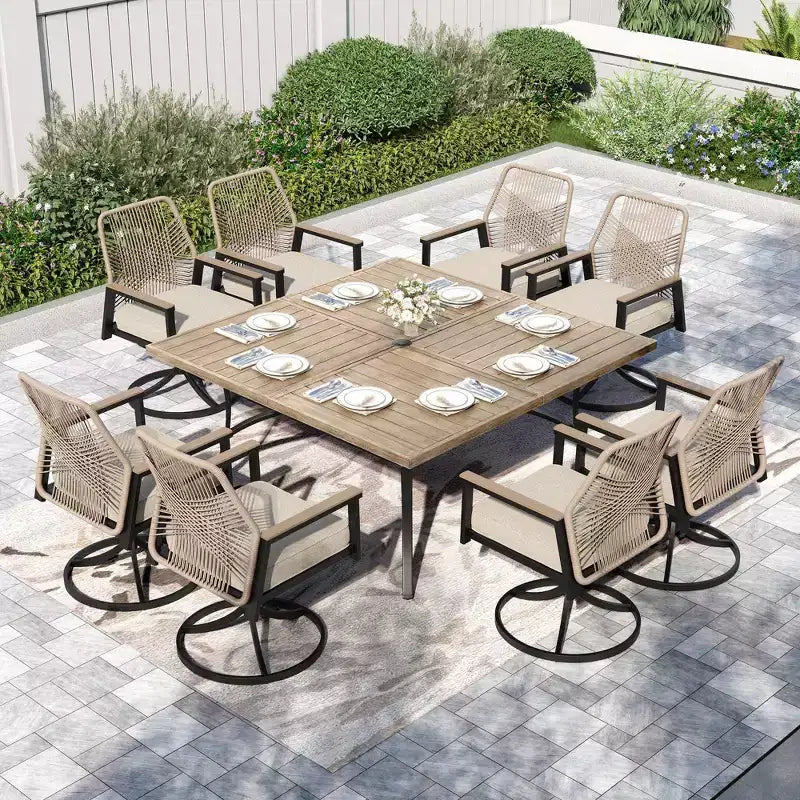 Captiva Designs 9-teiliges Outdoor-Ess-Set mit quadratischem Metall-Esstisch mit Lamellenplatte und dicken gepolsterten drehbaren Flechtstühlen