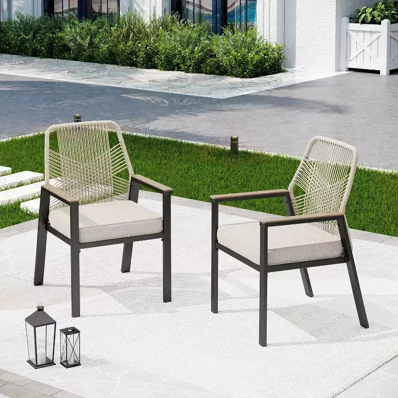 Captiva Designs 7pc Slat-top Round Steel Dining Table and Swivel Wicker Chairs with Thick Cushions
