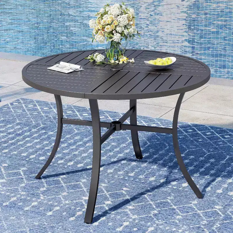 Captiva Designs 7pc Slat-top Round Steel Dining Table and Swivel Wicker Chairs with Thick Cushions