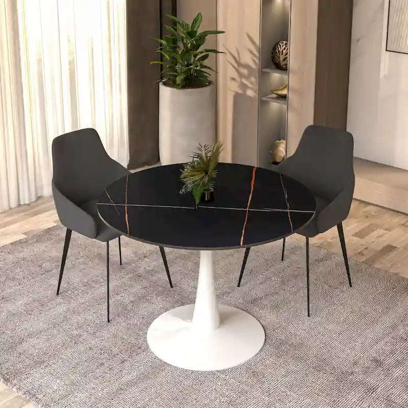 40 Round Dining Table for 4 with Sintered Stone Tabletop in White Base for Kitchen & Dining Room