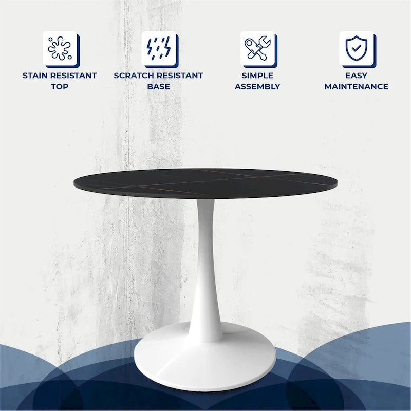 40 Round Dining Table for 4 with Sintered Stone Tabletop in White Base for Kitchen & Dining Room