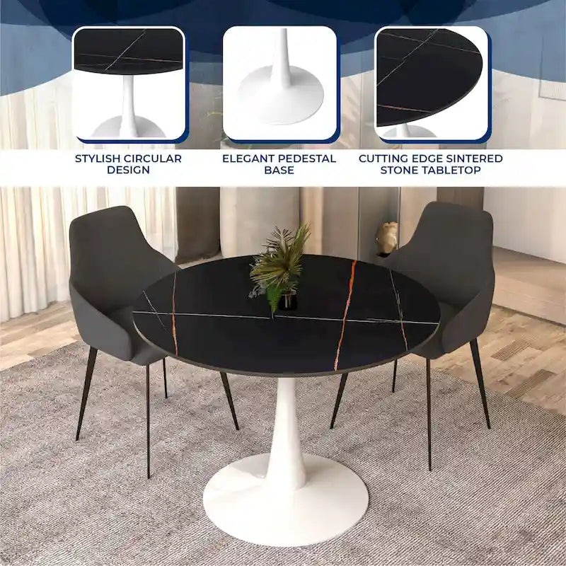 40 Round Dining Table for 4 with Sintered Stone Tabletop in White Base for Kitchen & Dining Room