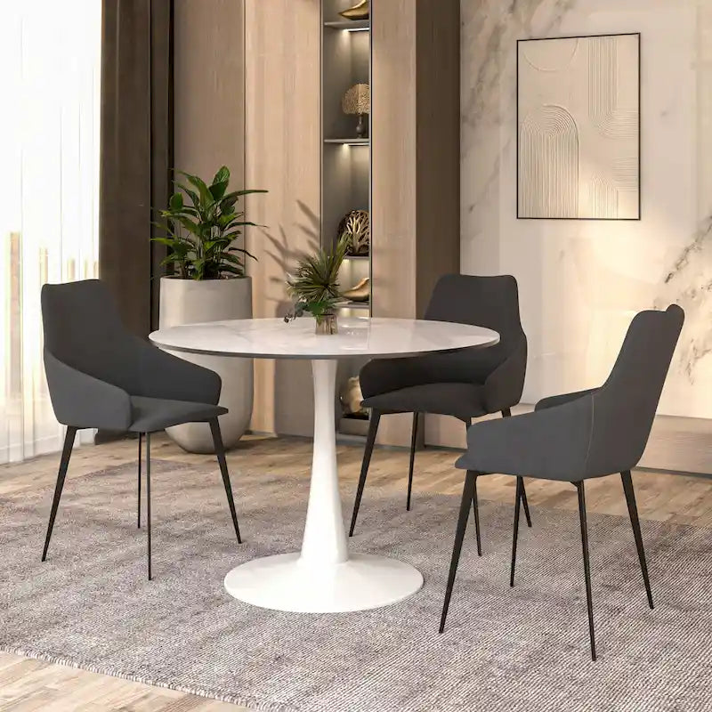 40 Round Dining Table for 4 with Sintered Stone Tabletop in White Base for Kitchen & Dining Room
