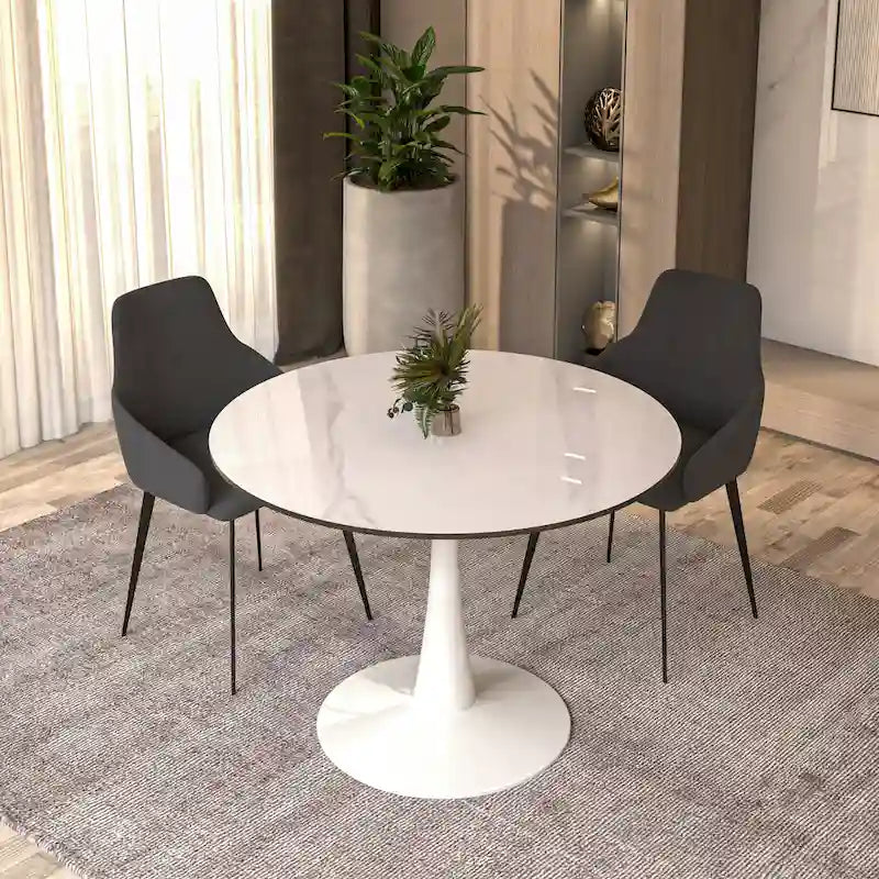40 Round Dining Table for 4 with Sintered Stone Tabletop in White Base for Kitchen & Dining Room
