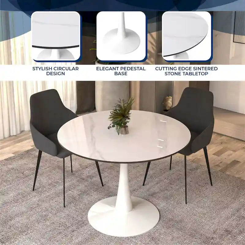 40 Round Dining Table for 4 with Sintered Stone Tabletop in White Base for Kitchen & Dining Room