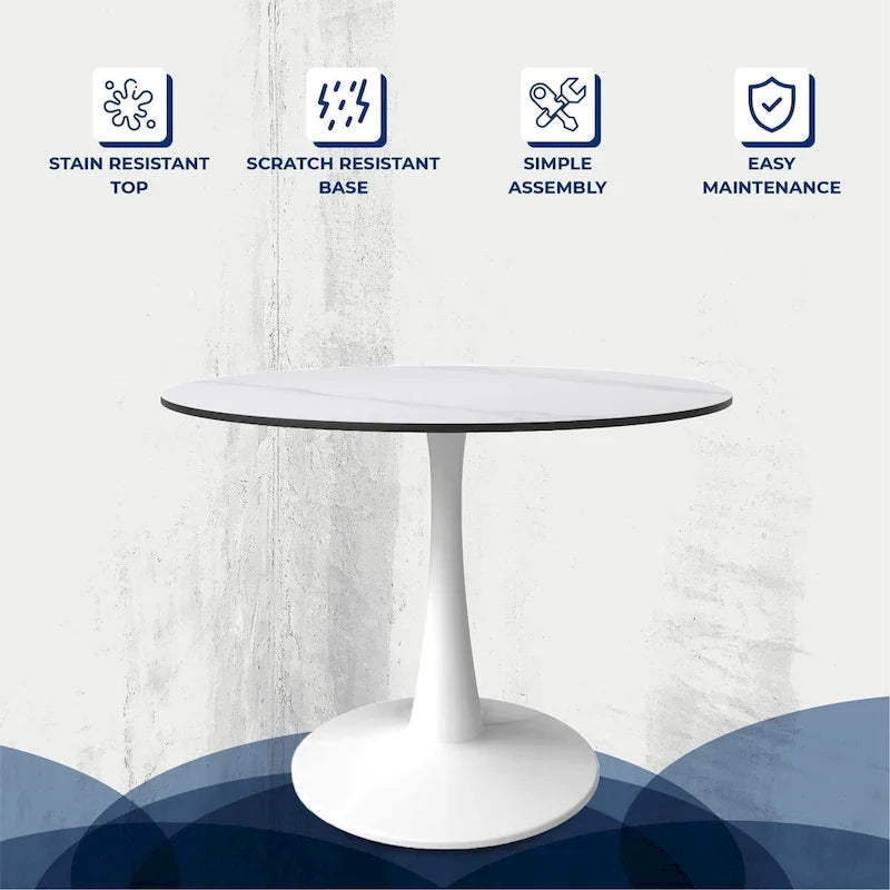 40 Round Dining Table for 4 with Sintered Stone Tabletop in White Base for Kitchen & Dining Room